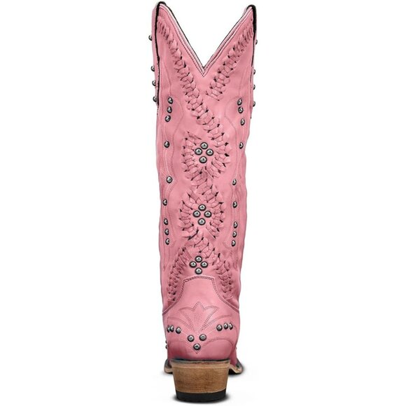 Women's Pink Leather Embroidery Knee High Western Cowgirl Boots Lightweight - Picture 4 of 4